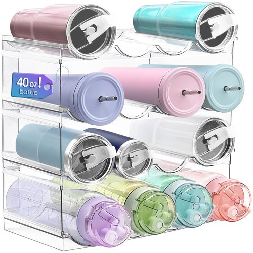 4 Pack Water Bottle Organizer, Large Compartment Stackable Kitchen Pantry Organization and Storage Rack, Plastic Water Bottle Holder for Kitchen Cabinet Organizer and Storage, Tumbler Mug Cup Shelf