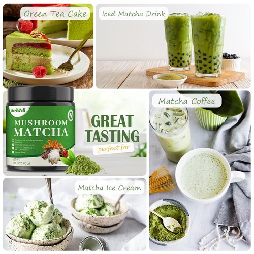 Mushroom Matcha Powder, Japanese Ceremonial Matcha Infused With 7 Superfood Mushrooms, MCT Oil, Coconut Milk Powder, Natural, Gluten Free, Taste Great Matcha Latter 8 Oz(45 Servings)