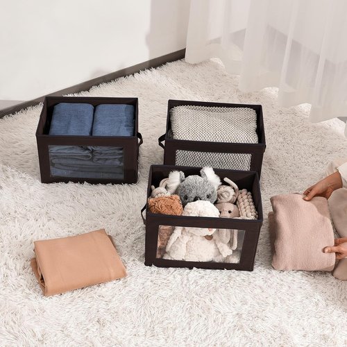 Homsorout Foldable Storage Boxes - Clear Window Fabric Organizers for Clothes | Brown, 3 Pack