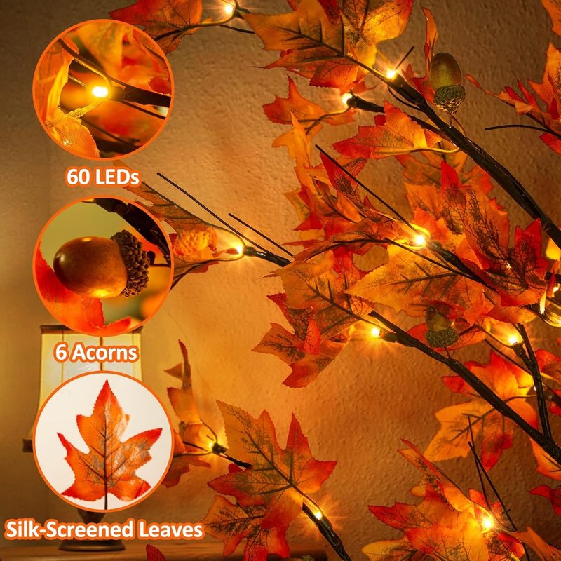 5FT 90LED Fall Maple Tree Light - Thanksgiving Decor Artificial Fall Tree with 9 Acorn, Remote 8 Flashing Modes, Timing, DC 5V Safe for Wedding Outdoor Decor (Upgraded Silk-Screened Leaves)