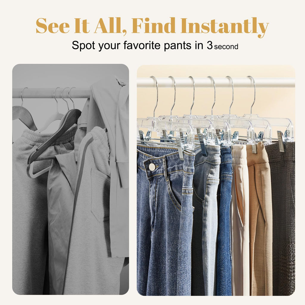 HOUSE DAY 50 Pack Skirt Hangers Pant Hangers with Clips, Clear Plastic Hangers for Pants, Skirts, Shorts, Versatile Use Clip Hanger, Retail Hanger