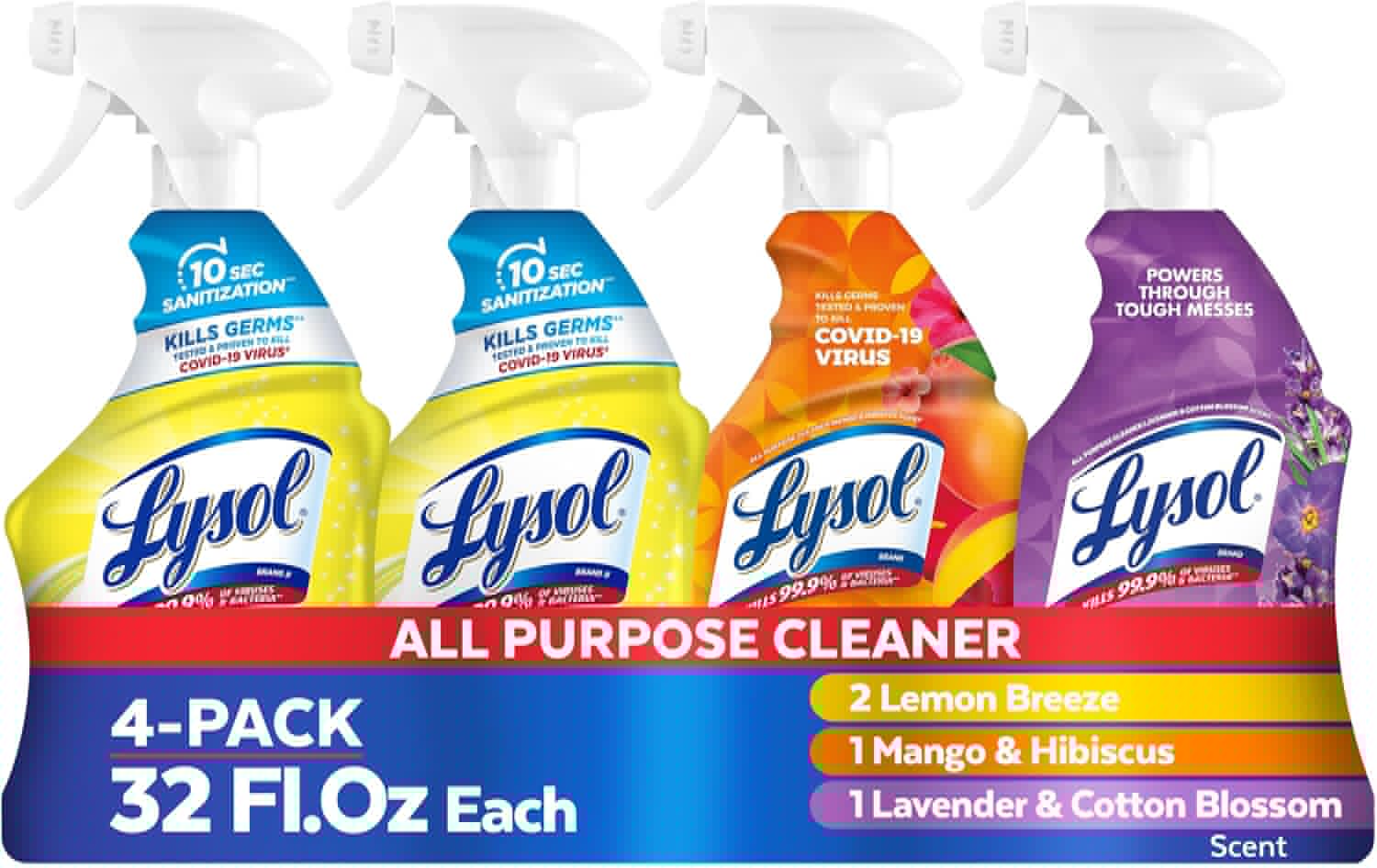 Lysol All-Purpose Cleaner Spray - Multi-Purpose Disinfectant for Kitchen & Bathroom | Lemon Breeze, 32oz (Pack of 4)