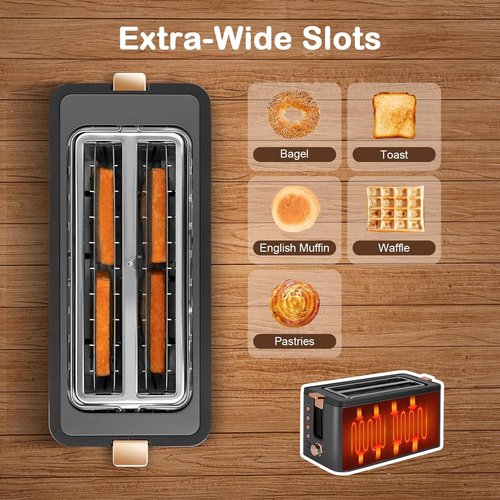 Mecity 4-Slice Long Slot Toaster - Extra Wide Slots, 6 Browning Settings, Timer & Warming Rack | Stainless Steel, Grey