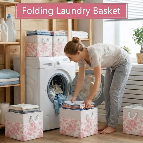 LemonRoad Pink Floral Cube Storage Bins - 6 Pcs Collapsible Fabric Organizers | 11.22 Inch Square Baskets
