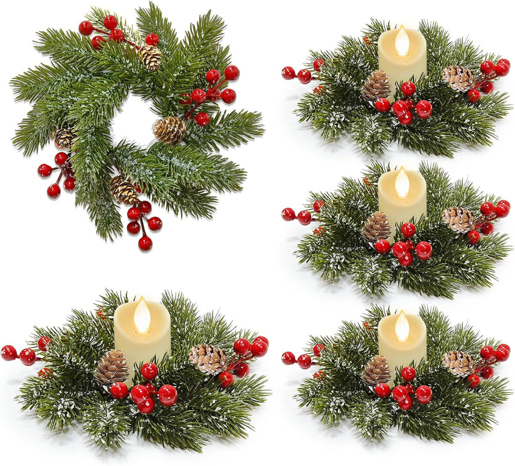 Skiennix 4 Pcs Christmas Candle Rings - Flocked Pine & Red Berry Decor for Holiday Centerpieces