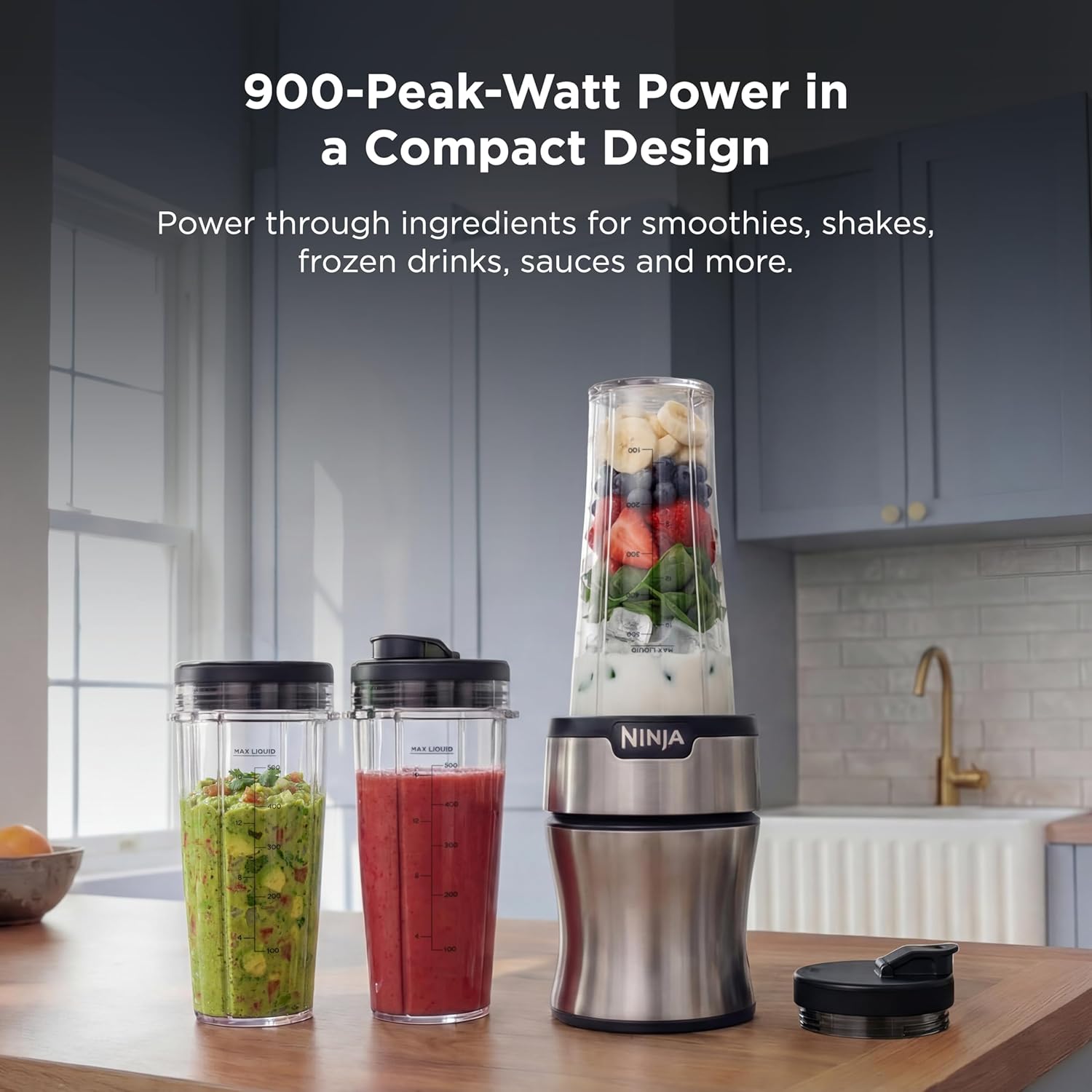 Ninja Nutri-Plus Personal Blender - Compact Push-To-Blend for Smoothies & Frozen Drinks | Includes 3 To-Go Cups & Lids | 900 Peak Watts | Silver | BN301