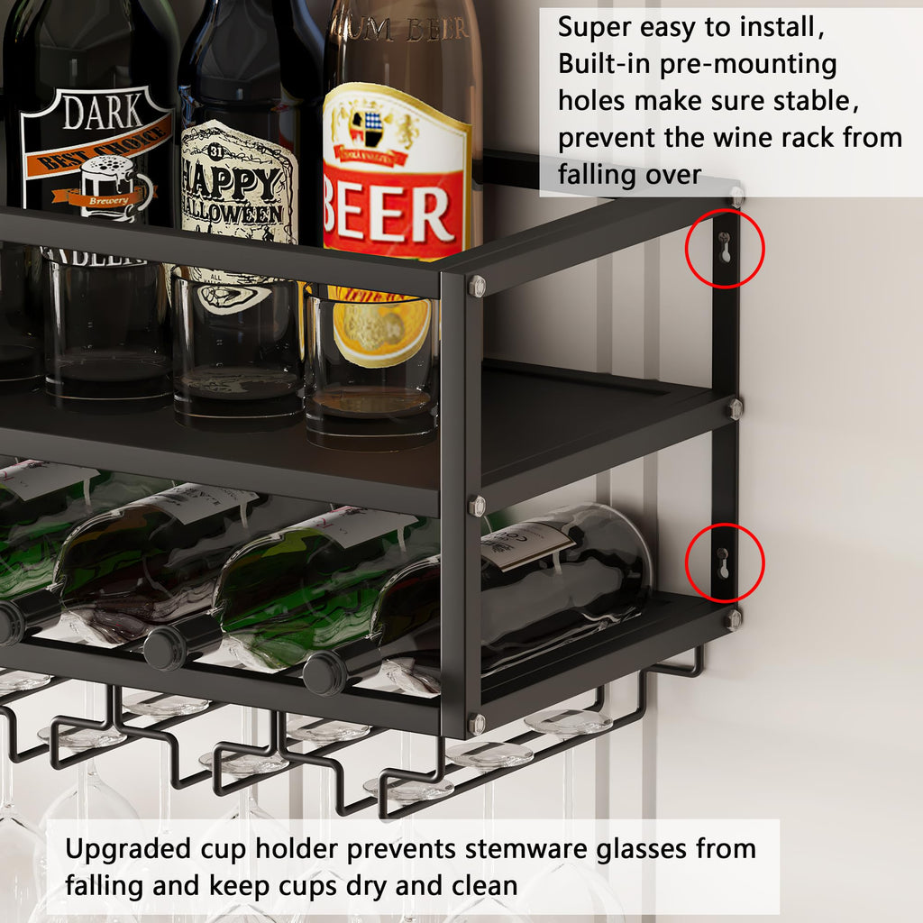 MAIKAILUN Wall Mounted Wine Rack Black with Glass Holder 30in Metal Bottle Holder Hanging Multi Functional Wine Storage Display Rack for Home Bar Dining Room Kitchen (Black, 2-Tier)