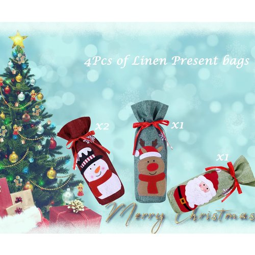 Heeshin 4pcs Christmas Wine Bottle Bags Burlap Wine Bottle Gift Bags with Drawstring, Reusable Santa Claus, Snowman & Reindeer Drawstring Covers for Xmas New Year Party Table Decoration
