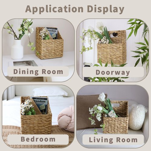 GYASVWU Foldable Water Hyacinth Hanging Baskets, Collapsible Wicker Wall Baskets with Handle, Woven Hanging Basket, Front Door Basket for Flower/Fruit/Mail/Magazine/Files Storage (Water Hyacinth)