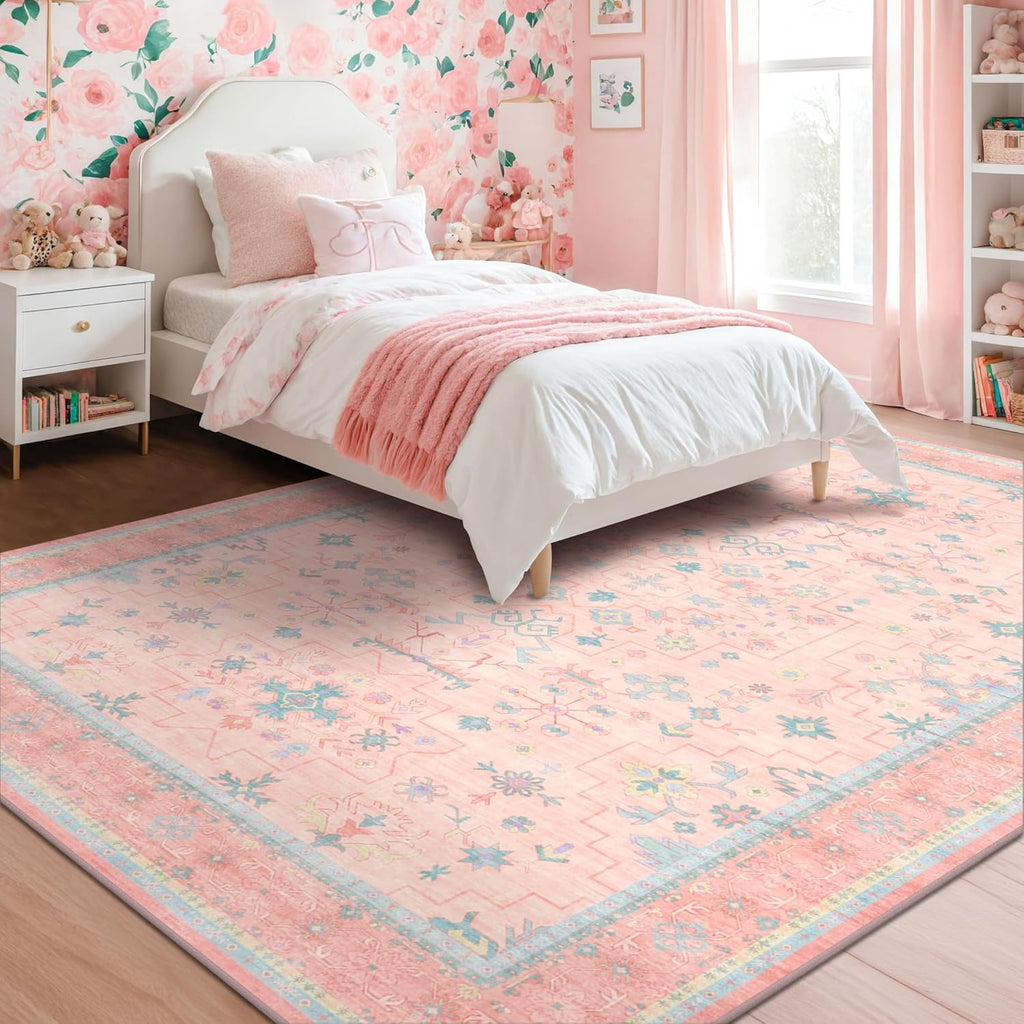 Oushak Rugs | Washable Pink & Blue 9x12 Area Rug - Soft Faux Wool, Modern Floral Design, Non-Slip