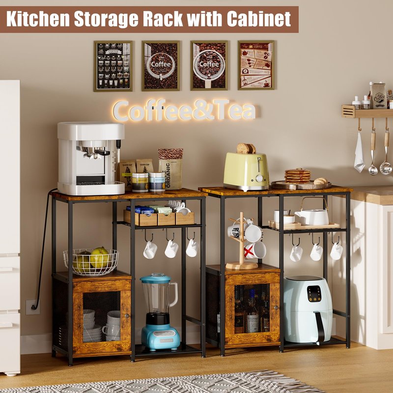 Small Kitchen Island Table with Storage, 4 Tier Microwave Stand, Bakers Rack, Coffee Bar Cabinet Station with Storage Cabinet, Kitchen Rack with Adjustable Shelves & 3 Hooks for Kitchen Dining Room