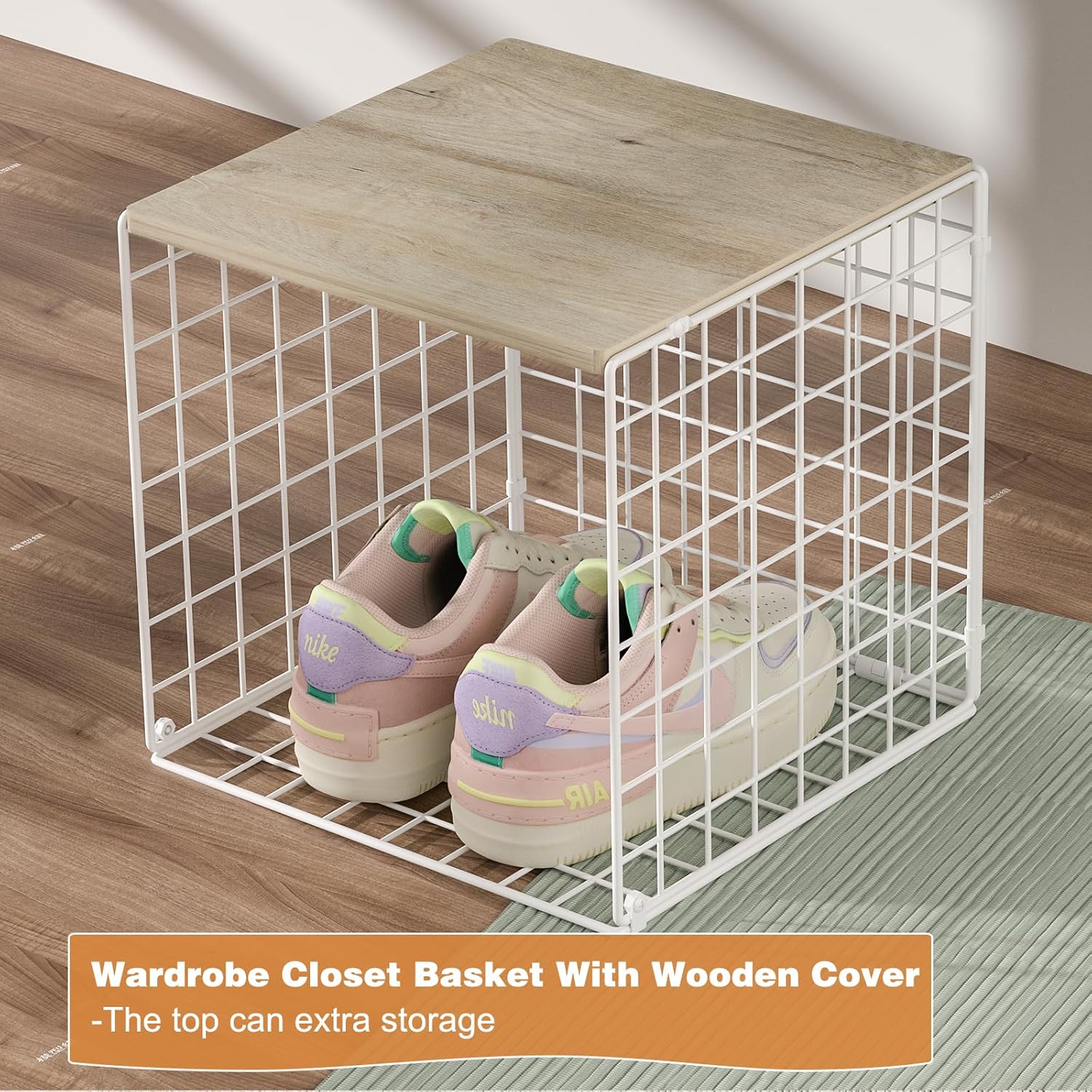 Skiennix Stackable Closet Organizers - Durable White Storage Bins with Wood Top for Wardrobe Organization