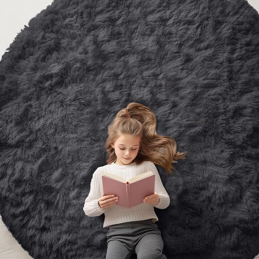 OLANLY Black Round Area Rug - Soft, Fluffy, Machine Washable 7 ft Circle Carpet for Bedroom & Living Room