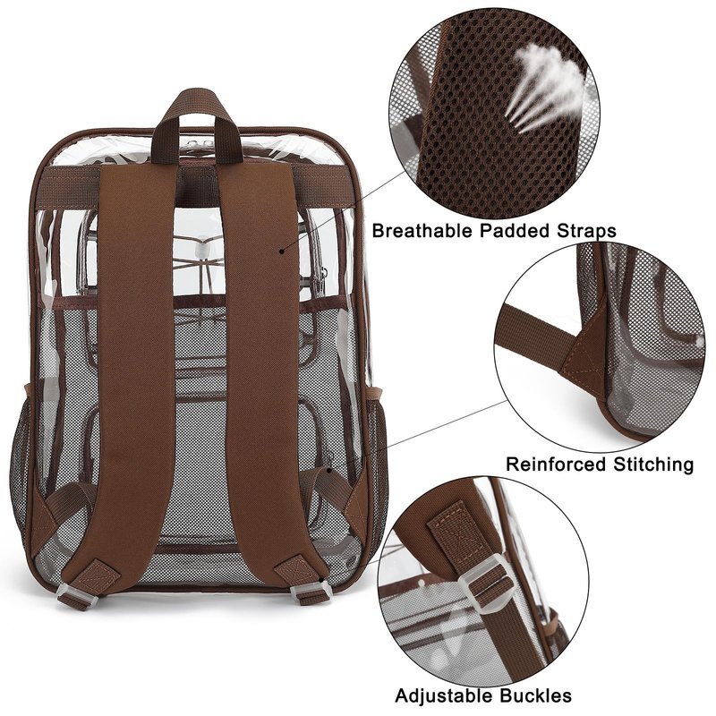 Yusudan Clear Backpack for Girls Women, Heavy Duty Transparent School Backpacks See Through PVC Bookbag for College Work Security Travel (Coffee)