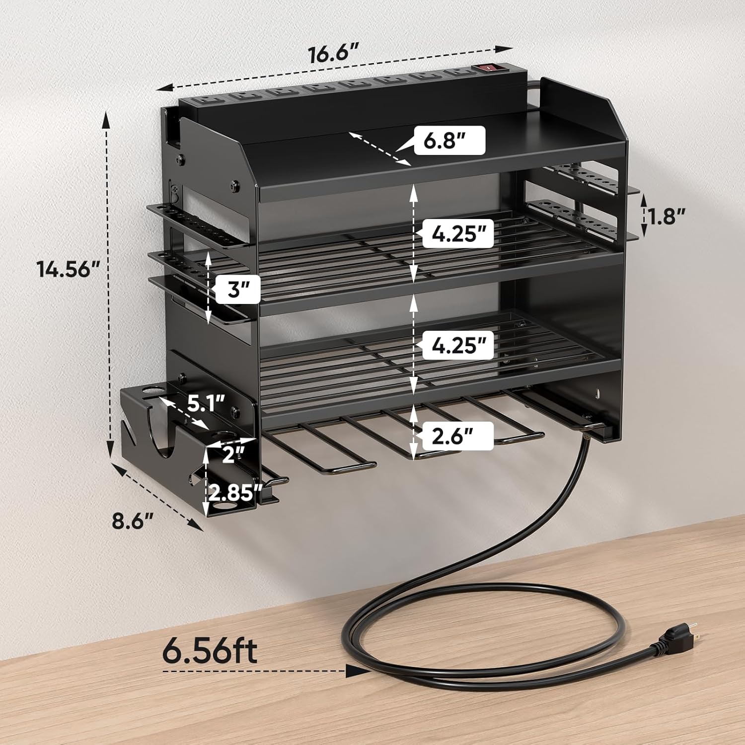 POKIPO Power Tool Organizer - Heavy-Duty Wall Mount Storage Rack with Charging Station & 8 Outlet Power Strip | 6.56 Ft Cord
