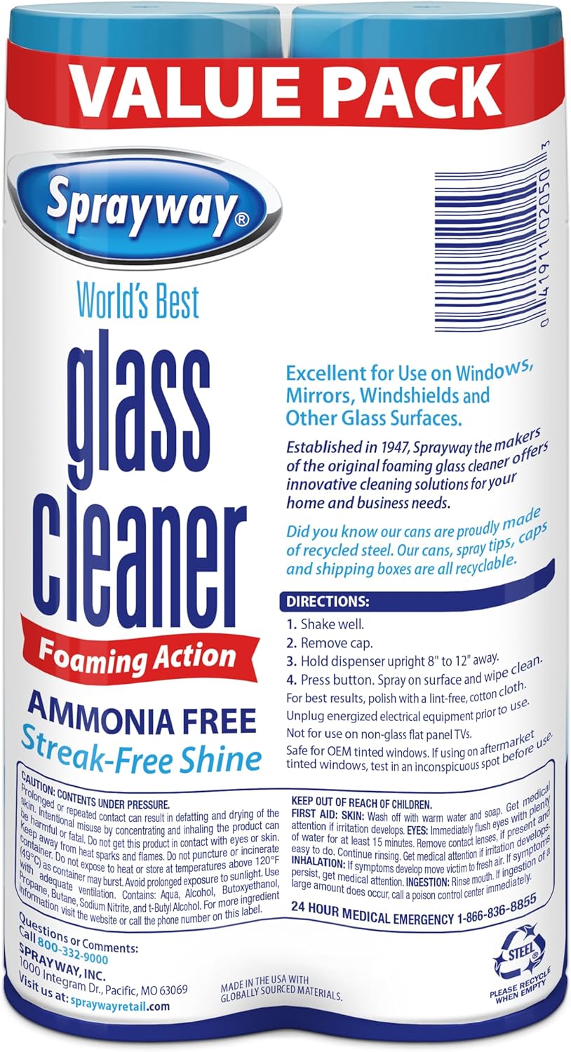 Sprayway Glass Cleaner - Ammonia-Free Foaming Aerosol Spray | Streakless & Fast-Acting | 19oz, Pack of 2