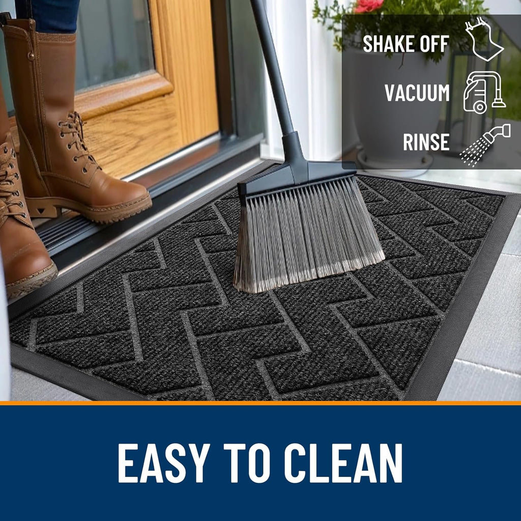 OLANLY Waterproof All-Season Front Door Mat - Sturdy Natural Rubber, Low Profile, Easy Clean | Herringbone Brick (Black, 59x35)