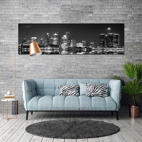 Black and White Detroit Skyline Wall Art for Living Room USA Michigan Cityscape Picture Bedroom Wall Decor Night View Downtown City Building Skyscraper Panoramic Painting Artwork Home Decoration 14x48