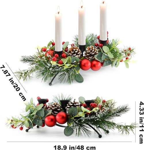 MrMrKura Christmas Tabletop Centerpiece - 3 Candle Holders with Pine Cones & Red Berries for Festive Dining Room Decor