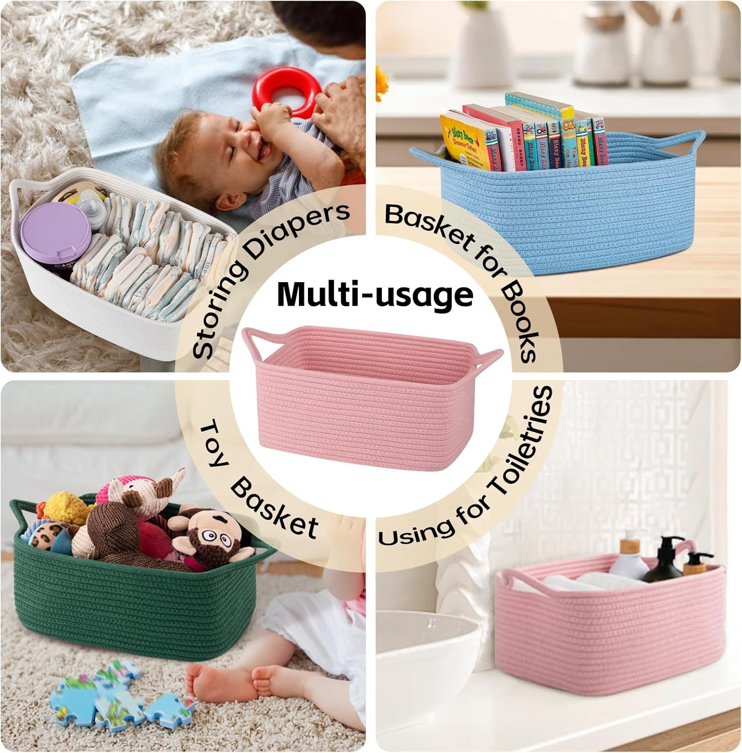 OIAHOMY Woven Storage Basket - 19L Gift Basket with Handles, Ideal for Baby Showers & Nursery - White