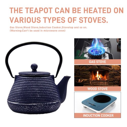 SECHUDO Cast Iron Teapot, 20.3oz Small, Enameled Interior, Stainless Steel Infuser for Loose Tea (Blue Pinstripe Pattern)