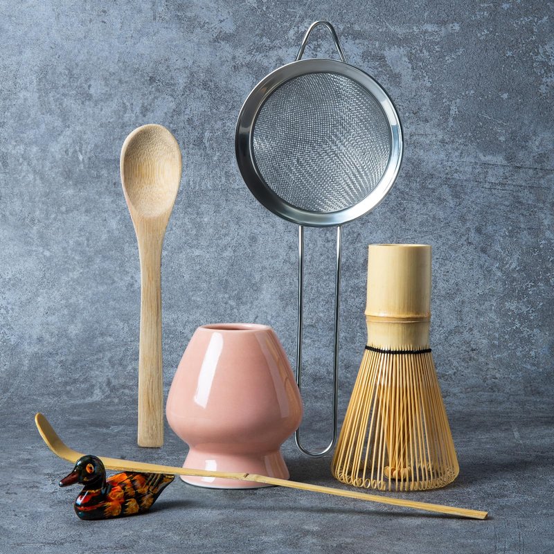 Matcha Whisk Set Pink, Matcha Making Kit Whisk (Chasen Holder), Ceramic Whisk Holder, Bamboo Scoop, Powder Starter Sifter, Spoon Japanese Tea Tools For Ceremony Gift