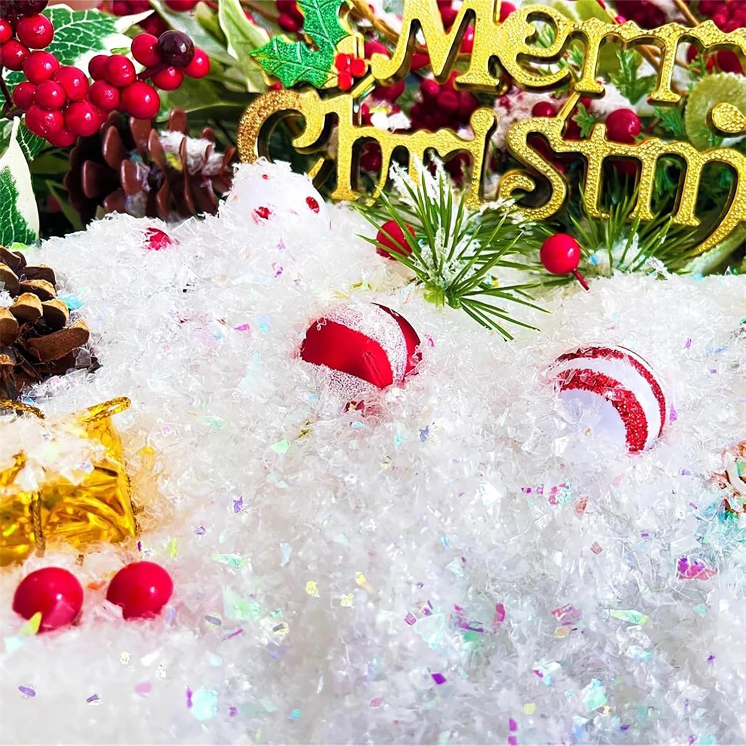 Skiennix Fake Snow Decoration - Sparkling Artificial Snowflakes | 1.76oz Twinkling White Flake Snow