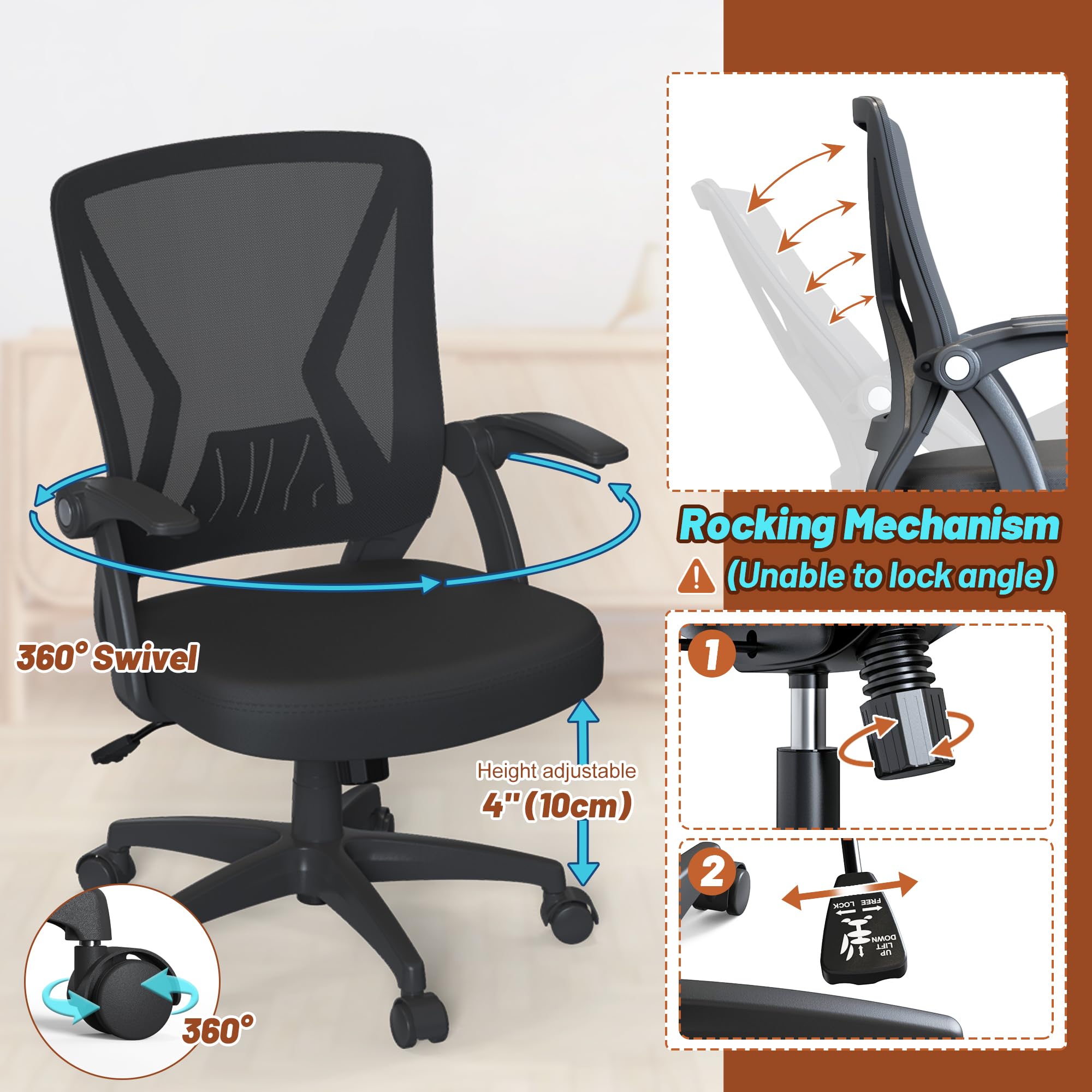 Ergonomic Swivel Rolling Office Computer Desk Chair with Adjustable Height Flip Up Armrest and Lumbar Support for Home Adult