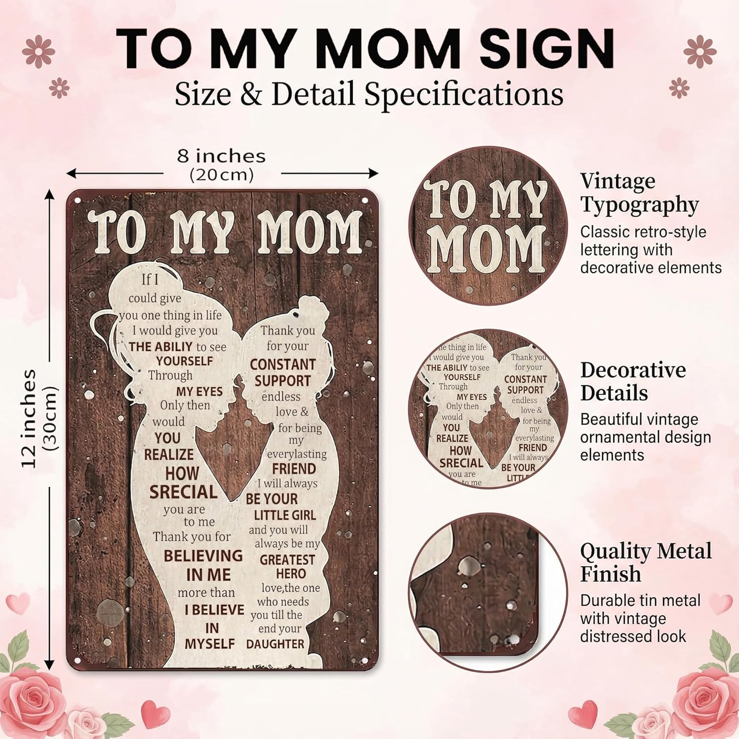 To My Mom Sign - Heartfelt 'I Love You' Gift for Mom | Home Decor for Kitchen, Bedroom, Office - 12" x 8"