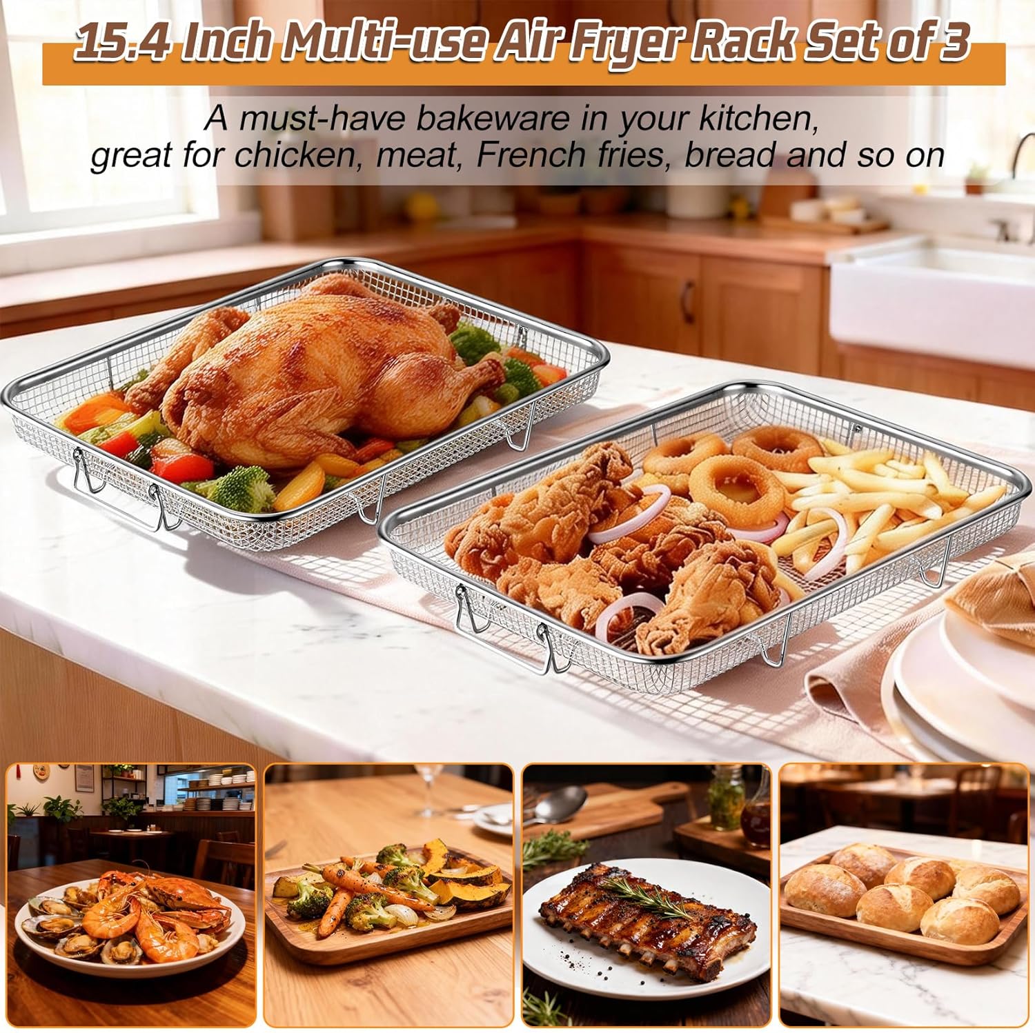 P&P CHEF Air Fryer Basket Set - 15.4 Inch Stainless Steel Racks for Cooking & Baking | Non-Toxic & Dishwasher Safe