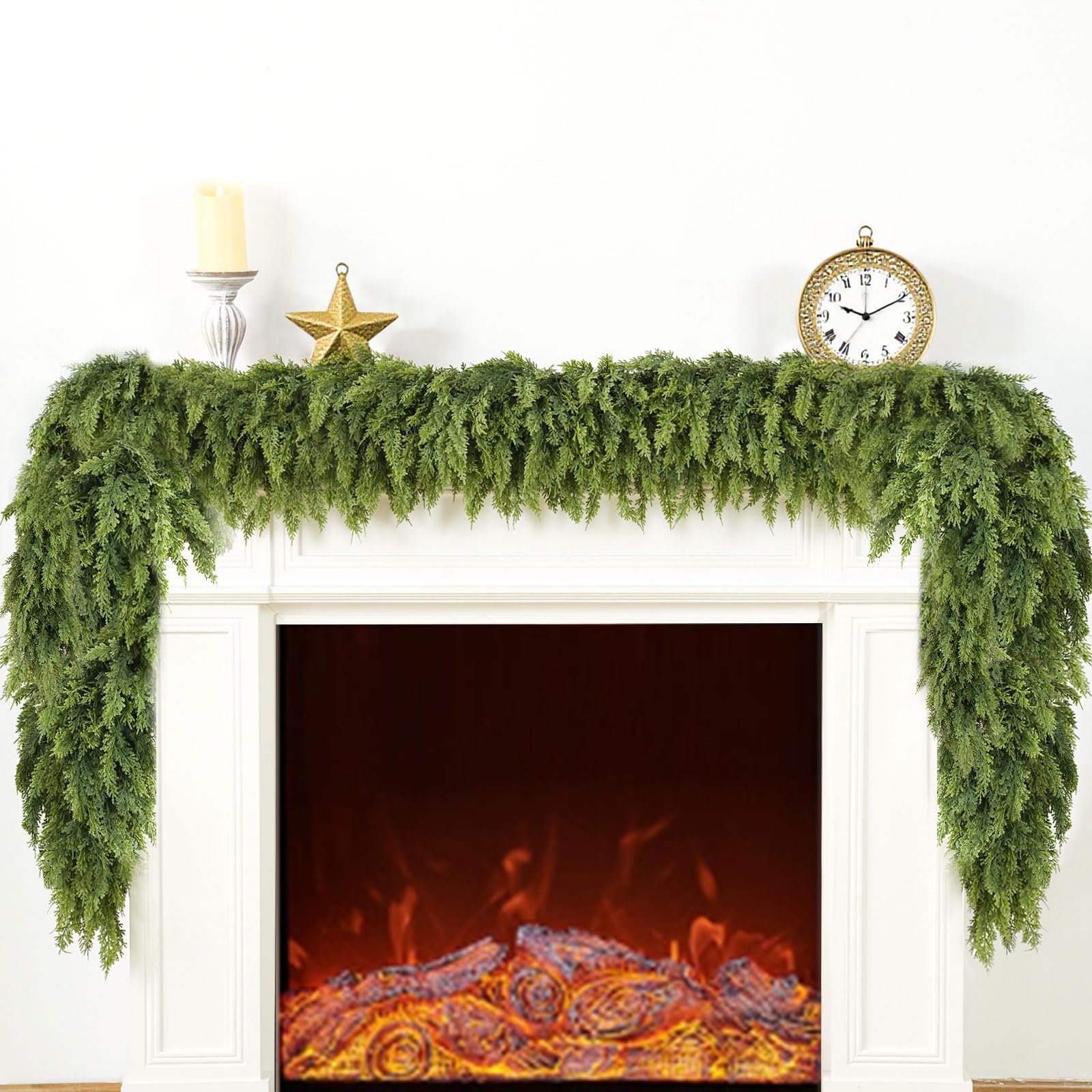 Giauma 9FT Double Fullness Christmas Cedar Garland with 280 Tips Cedar Branches Artificial Realistic Thick Soft Green Faux Winter Greenery Pine Garlands for Fireplace Mantel Table Doorframe