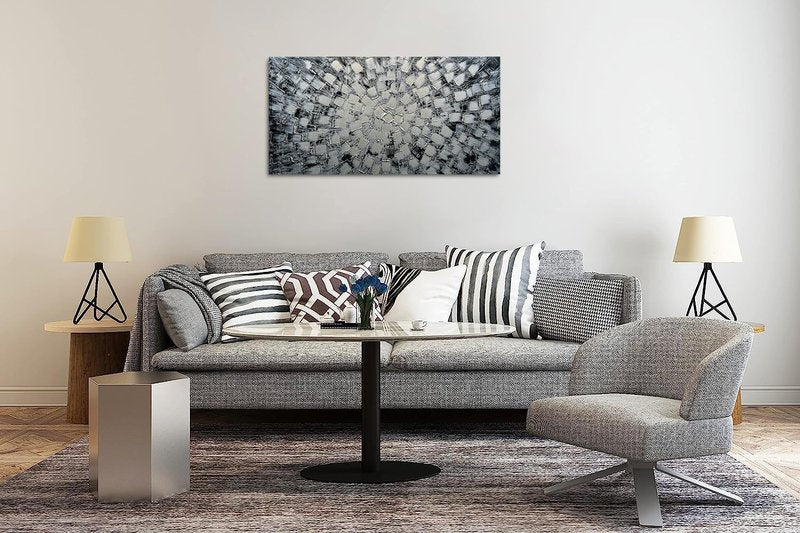 MyArton Textured Abstract Squares Canvas Wall Art Hand Painted Modern Black Silver Oil Painting Picture for Home Decoration Ready to Hang Horizontal or Vertical 40x20inch