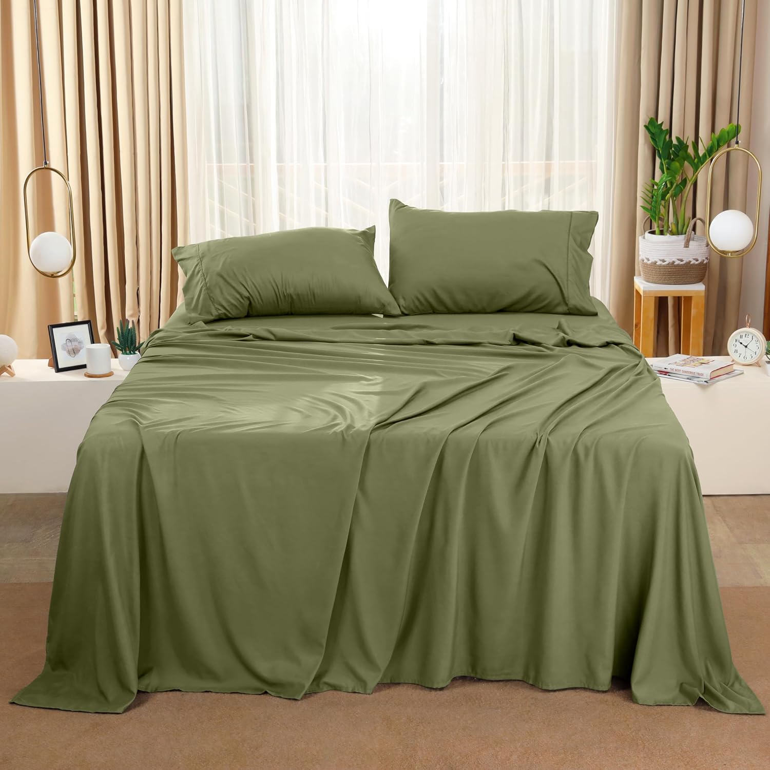 Utopia Bedding Queen Size Sheet Set - Soft, Breathable Microfiber - 4-Piece Olive Set with Fitted & Flat Sheets, 2 Pillowcases