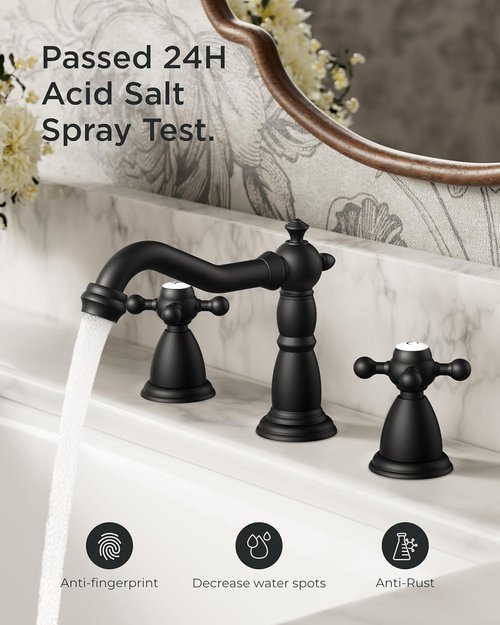 FORIOUS Matte Black Bathroom Faucet - Vintage 3 Hole Widespread Design with Cross Handles & Metal Drain | 8 Inch