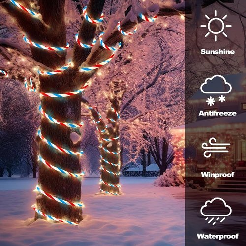Jnaurb Christmas Candy Cane Lights - 66ft 480 LED Connectable Waterproof Rope Lights | Red, White & Blue