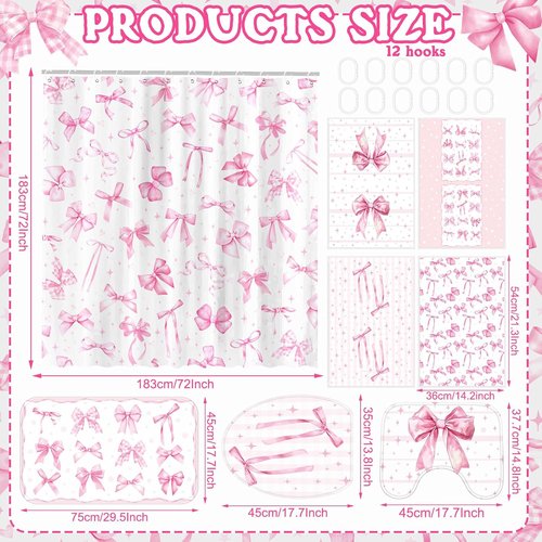 FuWeave Pink Bow Shower Curtain Set - 8 Pcs Cute Coquette Bathroom Decor with Towels & Rugs