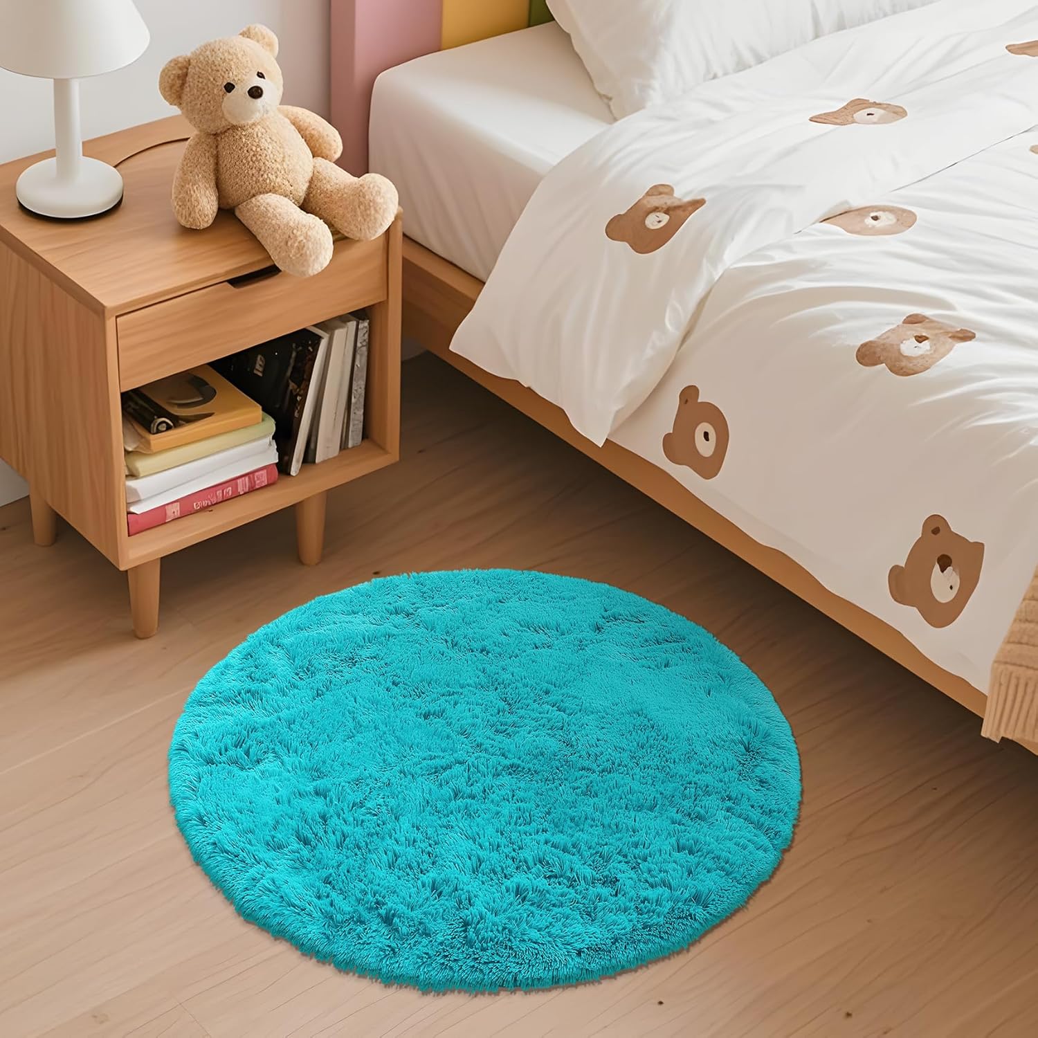 OLANLY Teal Blue Round Rug - Soft & Fluffy Machine Washable 2 ft Circle Area Rug for Bedroom & Living Room