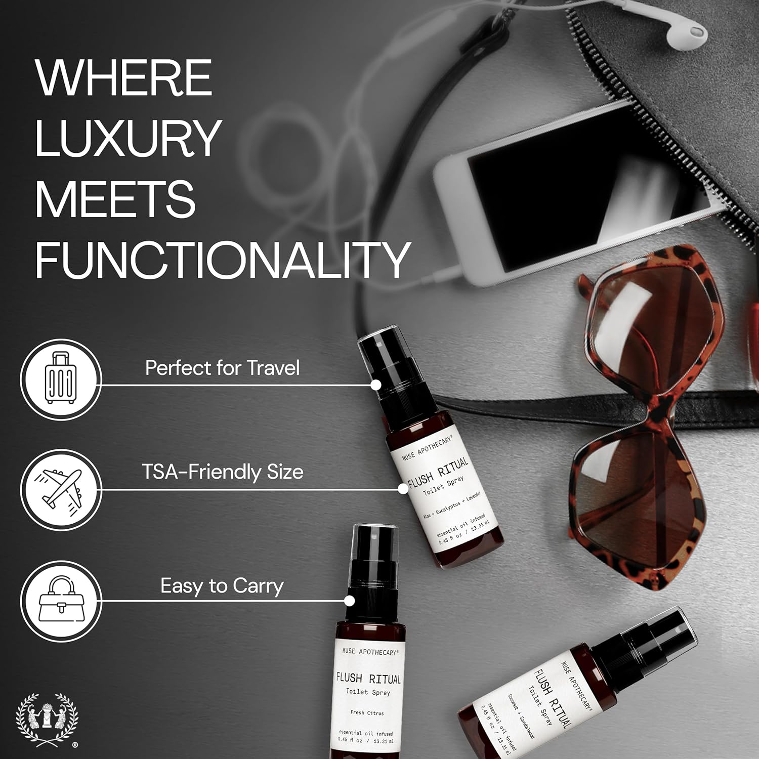Muse Apothecary Flush Ritual Toilet Spray - Refreshing Aromatic Essential Oils | Aloe, Eucalyptus, Lavender - Travel Size Mini Collection, 0.45 oz, 3 Pack