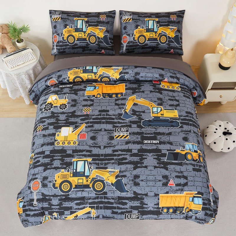 ZSYAYAHA 5 Pieces Kids Comforter Sets for Boys Queen Size Cartoon Cars Bedding Set Excavator Tractor Truck Vehicle Bed in A Bag Reversible Truck Boys Bed Set with Comforter(Gray Cars, Queen)