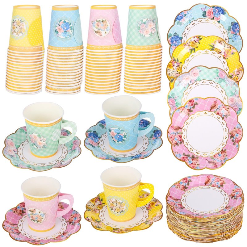 192 PCS Floral Paper Tea Cups with Handle - 96 Disposable Cups and Saucers for Birthday Wedding Tea Party Decorations