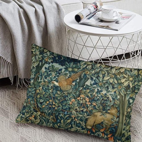 Greenery Forest Animals Pheasant Fox Green Floral William Morris Throw Pillow Covers 12x20 Inch Aesthetic Pillow Velvet Decorative Pillowcase Home Decor Living Room Cushion Case for Bed Sofa Couch