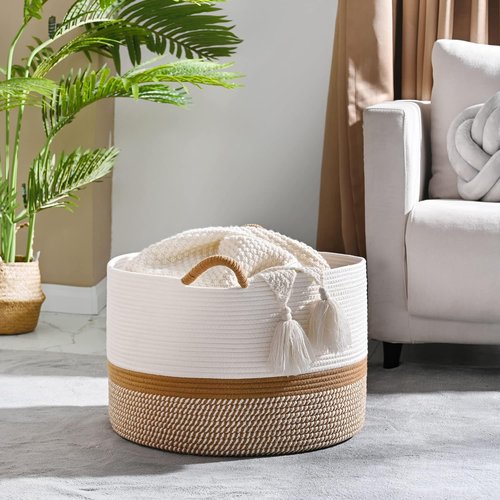KAKAMAY Large Woven Blanket Basket - Cotton Rope Storage Hamper for Baby Toys & Laundry | White/Brown