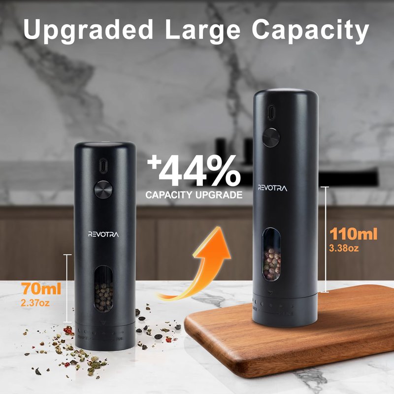 Electric Salt and Pepper Grinder Set, Rechargeable Automatic Salt and Pepper Shakers with 6 Adjustable Coarseness, Christmas Gift, Larger Capacity, LED Light, One-Handed Operation, 2 Packs