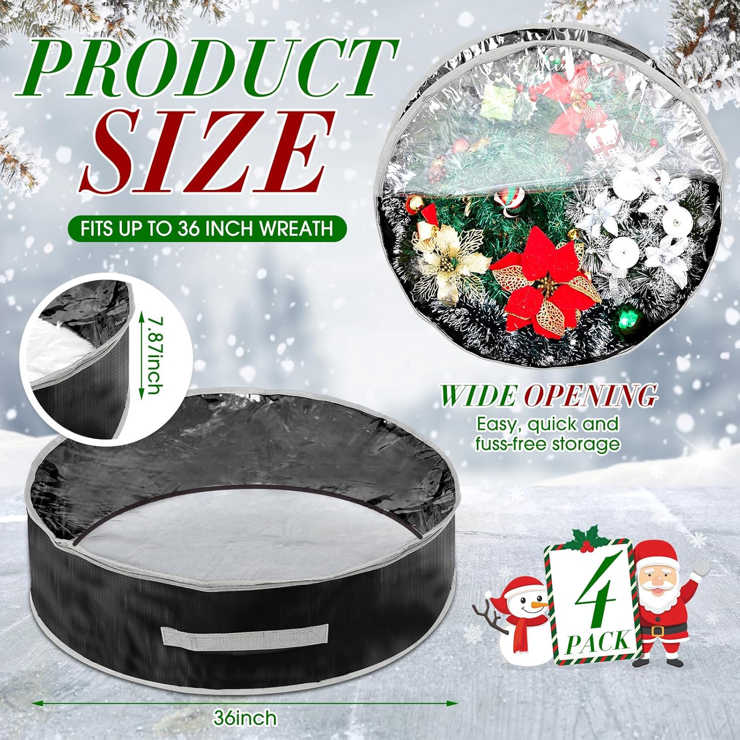Regine Switzerland Christmas Wreath Storage Bag - 4 Pcs with Clear Window, Zipper & Handle | 36" Black Container