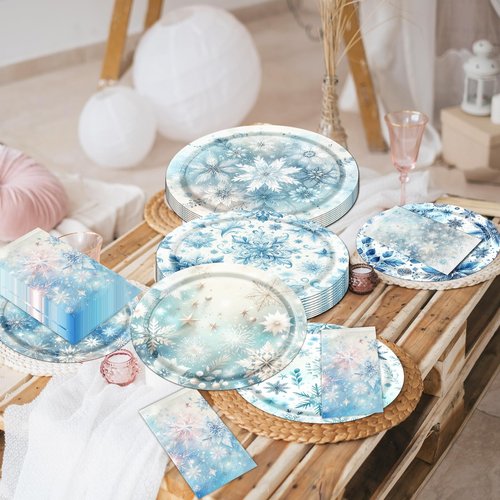 OGMOGKW Winter Wonderland Decorations Tableware,60pcs Blue Snowflake Paper Plates and Napkins Disposable Snowflake Party Decorations for Winter Holiday Party