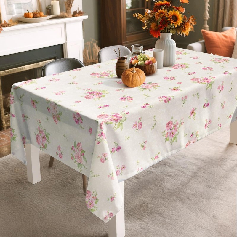 Arquiel Pink Floral Tablecloth Waterproof, Beige Table Cloth Rectangle Stain Resistant, Washable Table Cover for Home Kitchen Dining Party Decoration (60×84 inch)