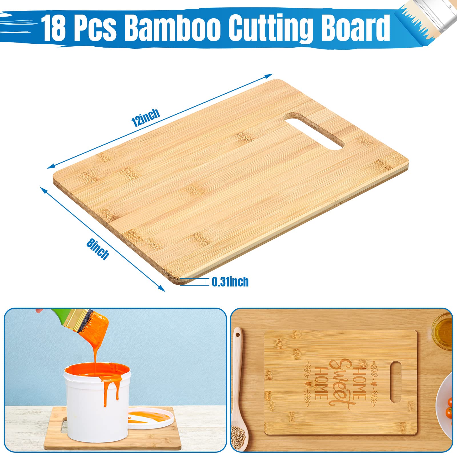 Vesici 18 Pack Bamboo/wood Cutting Board with Handles Bulk Plain Blanks Laser Engraving Chopping Board for Customized Engraving Gifts Crafts for Valentines Mother Women Gifts(Bamboo,12''x8'')