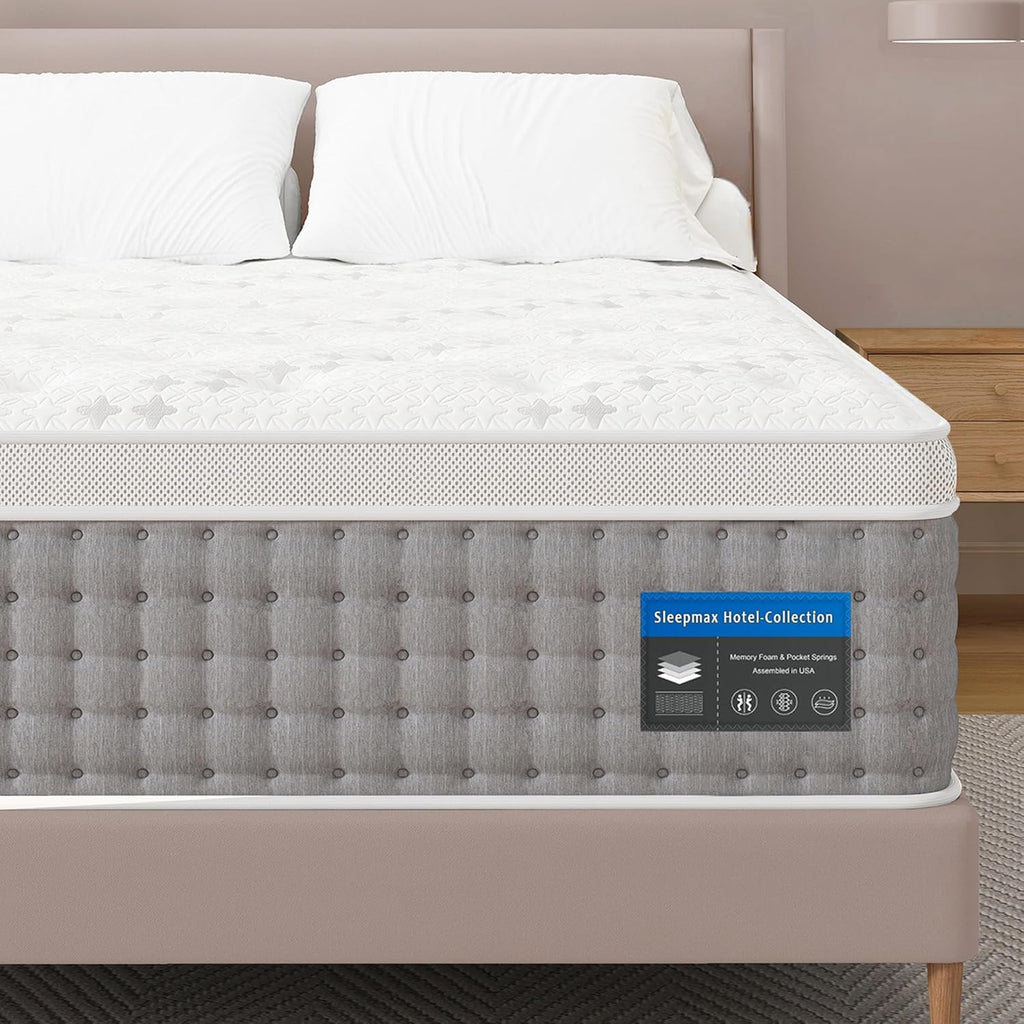 Sleepmax Queen Mattress - 14-Inch Hotel-Collection Hybrid for Pain Relief & Cooling Support | CertiPUR-US, Fiberglass-Free, 365-Night Trial