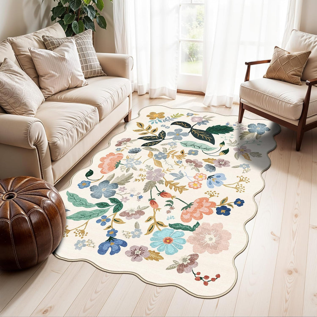 Skiennix Washable 3x5 Area Rug - Ultra Soft Floral Design | Lightweight Anti-Slip Doormat for Indoor Use (Cream)