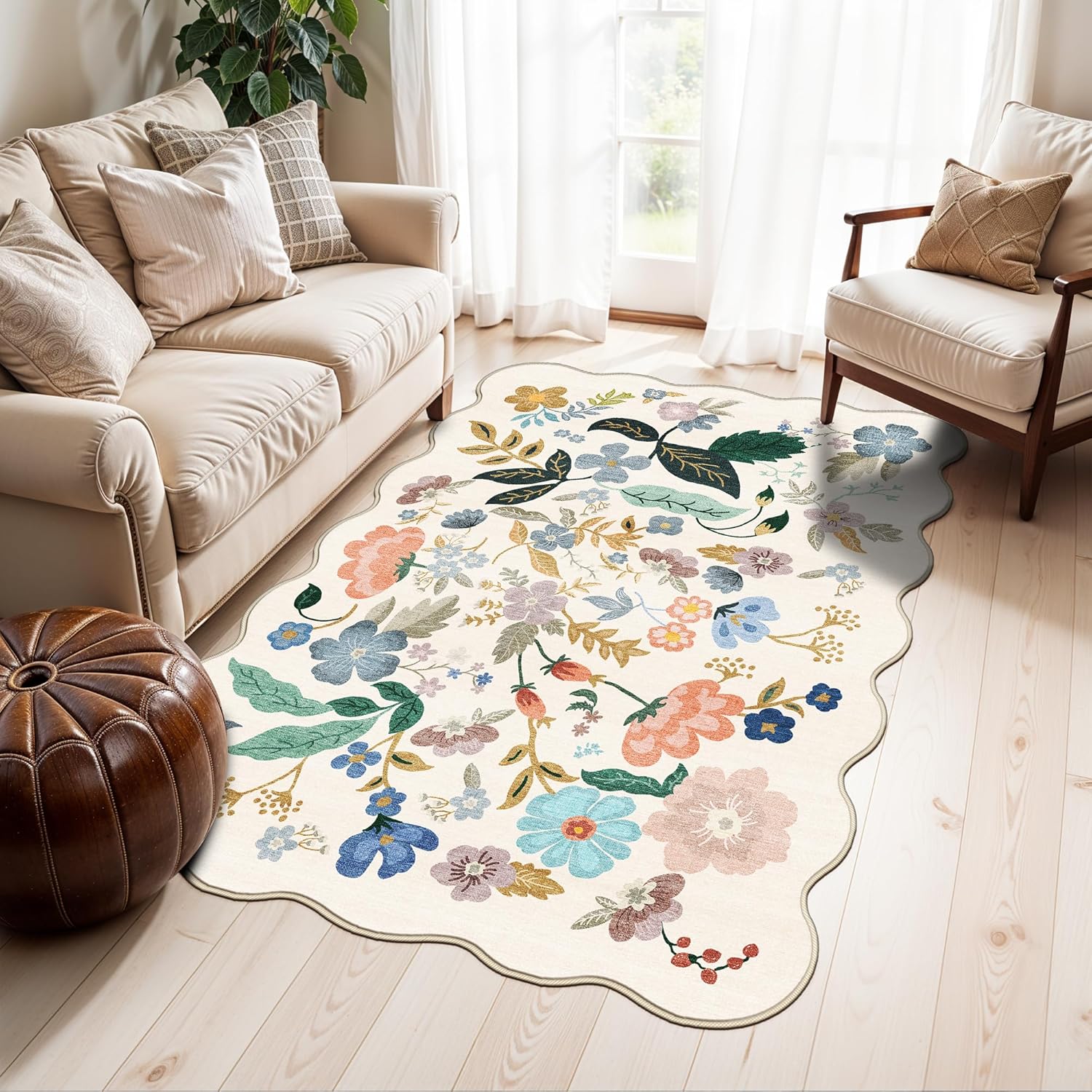 Skiennix Washable 3x5 Area Rug - Ultra Soft Floral Design | Lightweight Anti-Slip Doormat for Indoor Use (Cream)